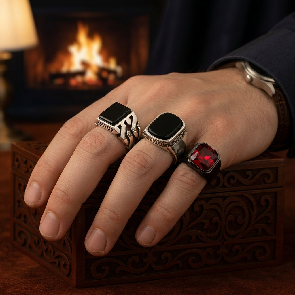 3x Ring Bundle ( Grill Onyx Ring + Pure Black Onyx Rings + Red Turkish Ring )