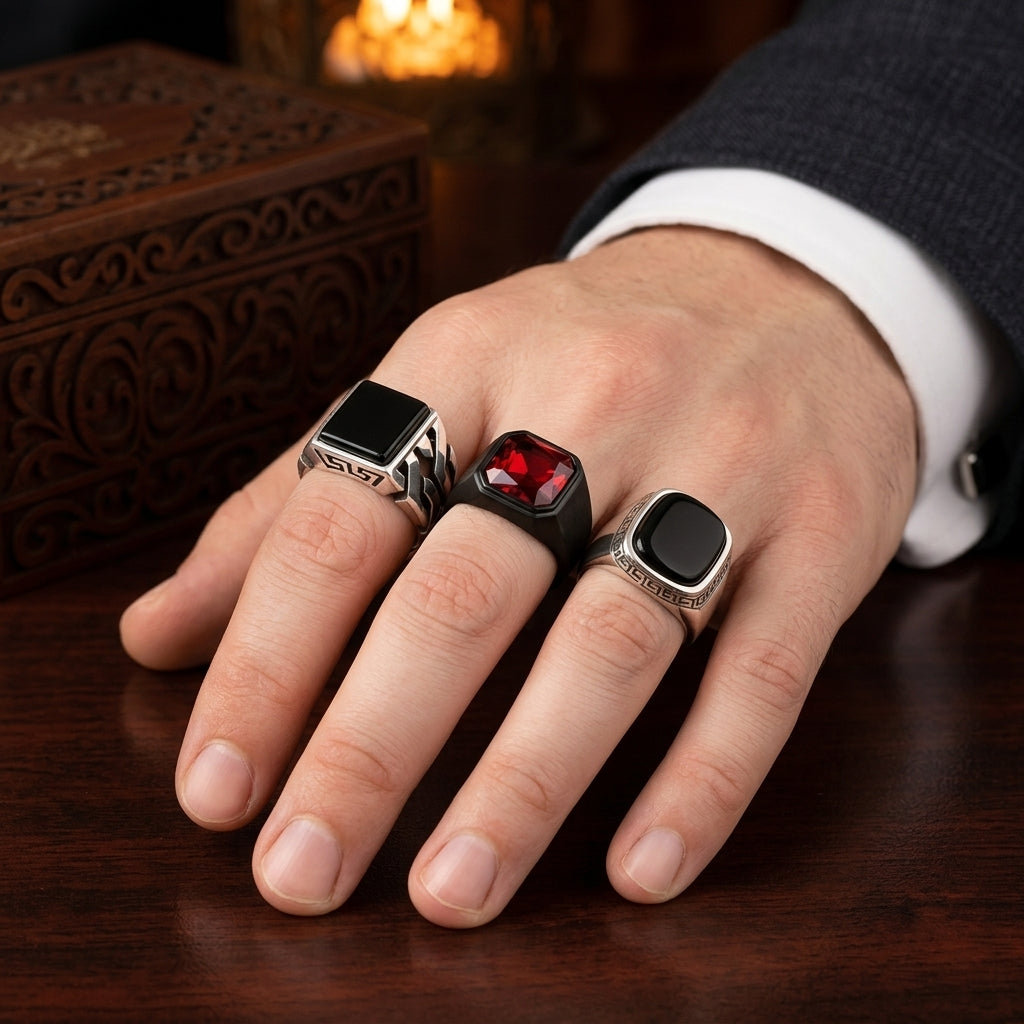 3x Ring Bundle ( Grill Onyx Ring + Pure Black Onyx Rings + Red Turkish Ring )